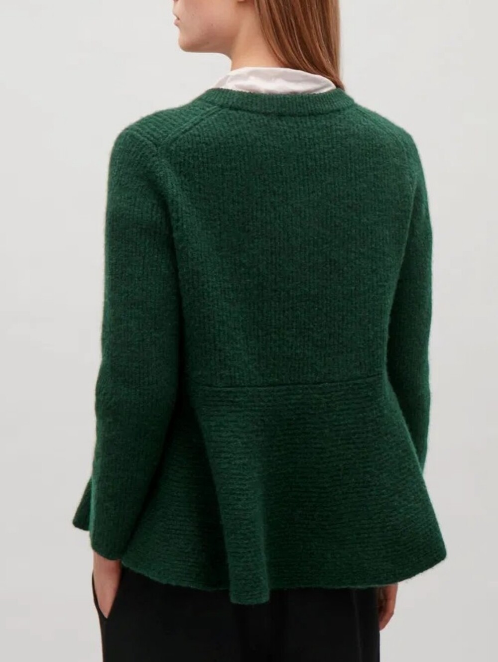 COS Peplum Knit Wool Dark Green Ribbed Flared Crew Sweater